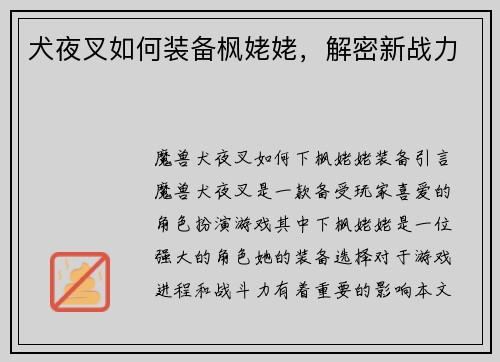 犬夜叉如何装备枫姥姥,解密新战力